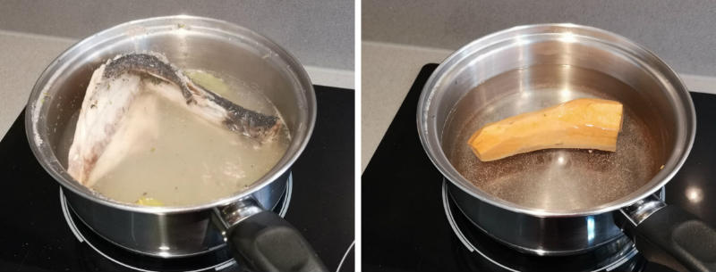 Cocemos la batata y hacemos un caldo de pescado