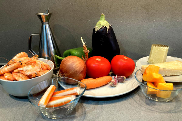 Ingredientes de nuestra Parmigiana di Melanzane con langostinos - La mesa del Conde