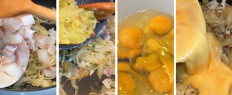 Unimos todos los ingredientes, el bacalao, las patatas y el huevo batido - La mesa del Conde