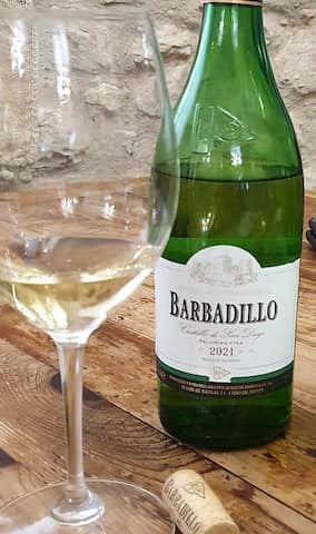 Botella y copa de vino Barbadillo Blanco Castillo de San Diego