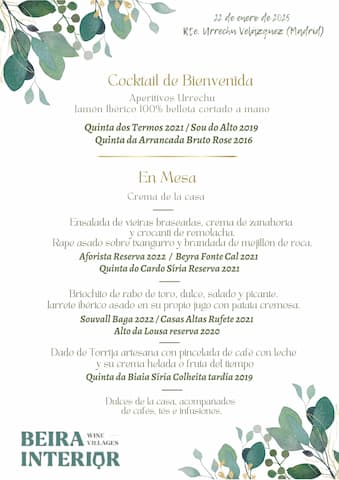 Menú especial del Restaurante Urrechu Velázquez con vinos de la DOC. Beira Interior