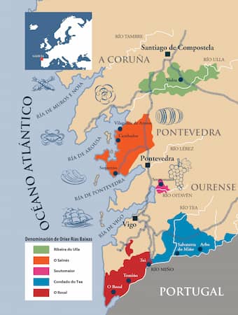 Mapa de las subzonas de la DO. Rías Baíxas