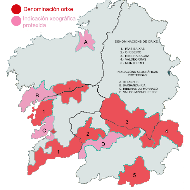 Mapa de las zonas vitivinícolas de Galicia